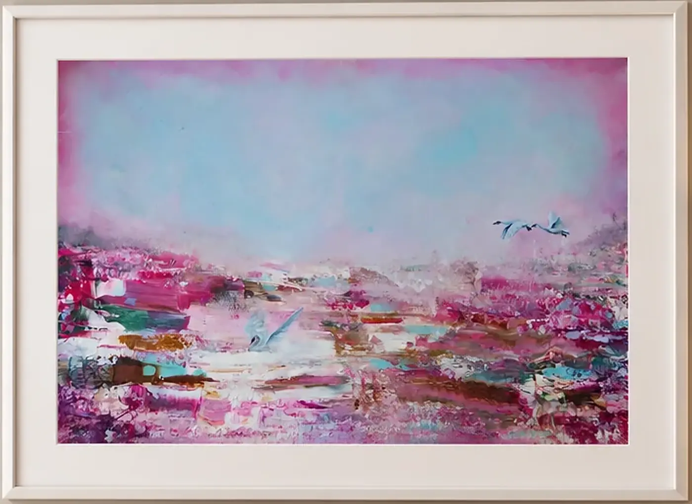 Bougainvillea Shore by Margherita Iacopini: rose and turquoise landscape with birds in flight