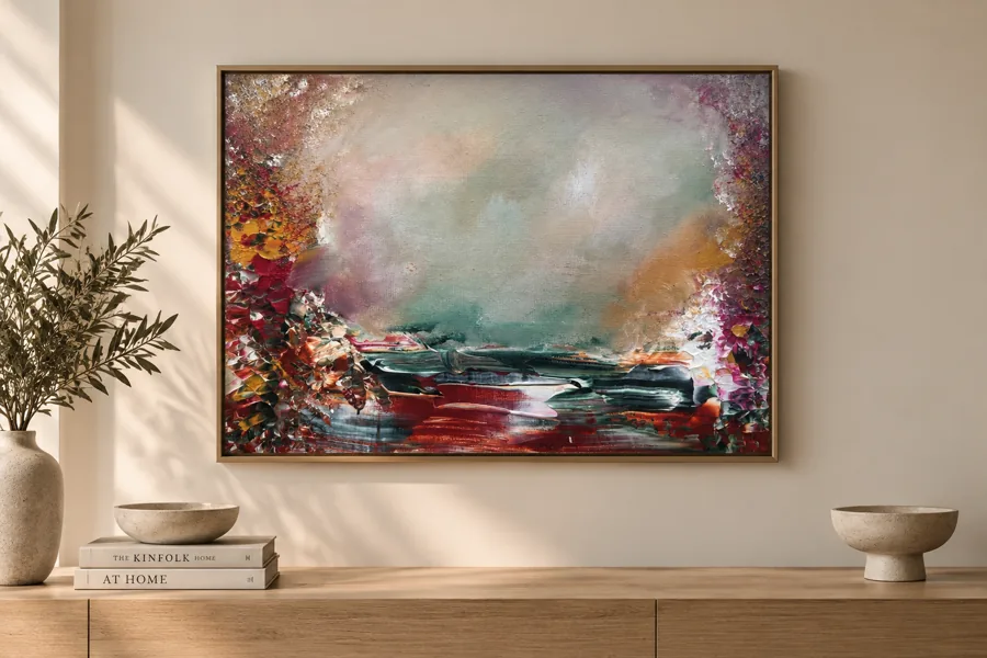 Embers at Low Tide, a crimson and gold landscape above an oak sideboard