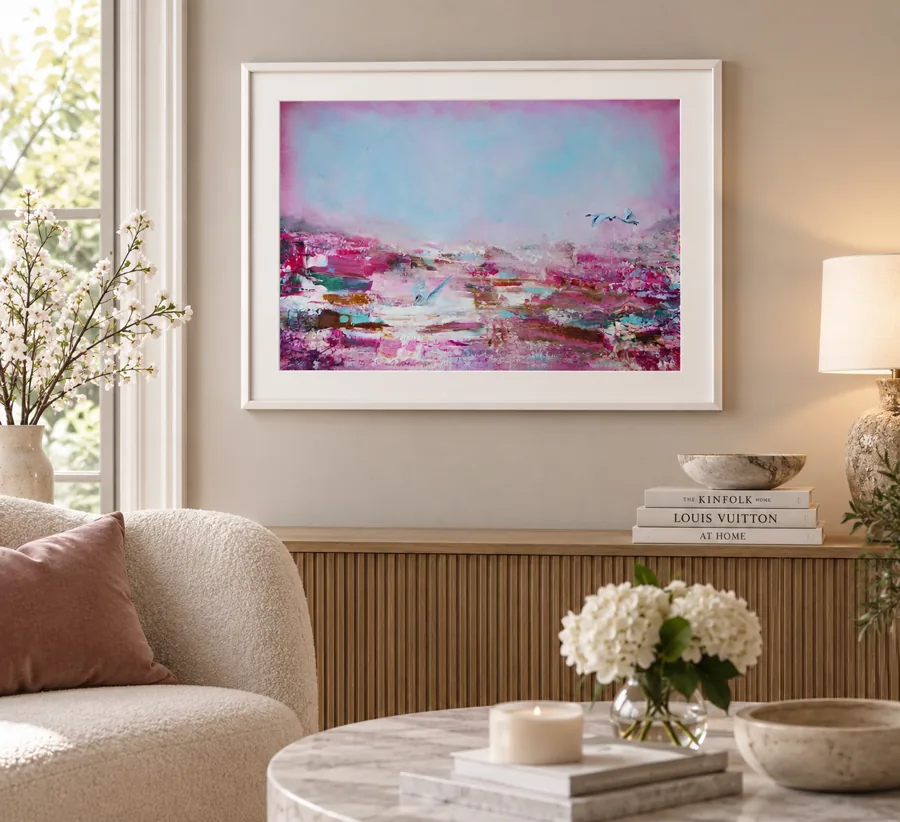 Bougainvillea Shore, a rose and turquoise landscape in a living room
