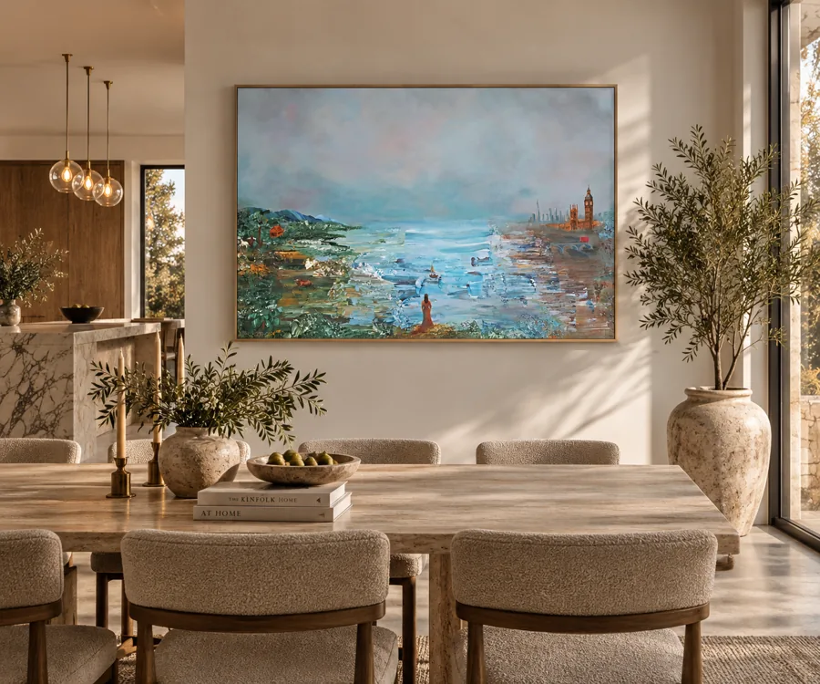 Two Horizons: a barrio, an ocean and the London skyline, hanging in a dining room