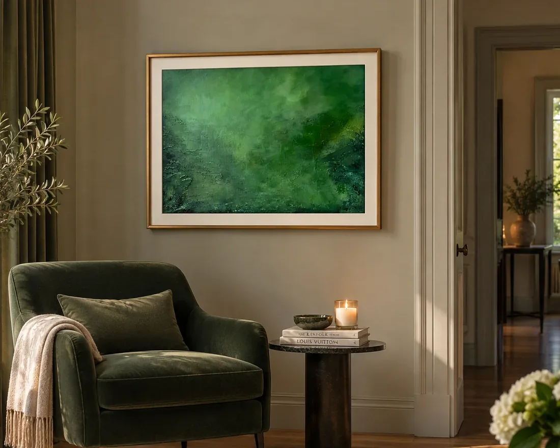 After the Monsoon, a deep green landscape above a velvet armchair
