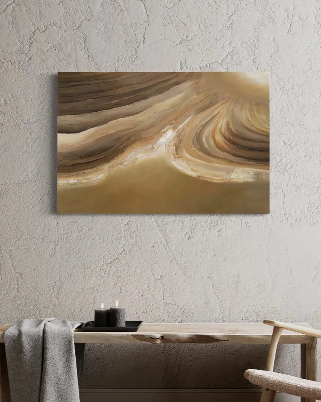 Serene Devotion, sweeping sand and umber, hanging above a wooden bench